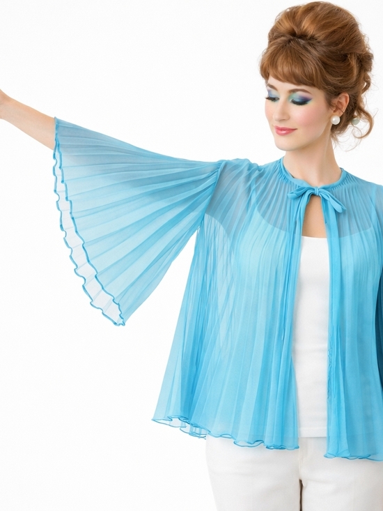 Tops - 1960s Vintage Blue Night Jacket Accordion Sheer Necktie Over Blouse Duster #1